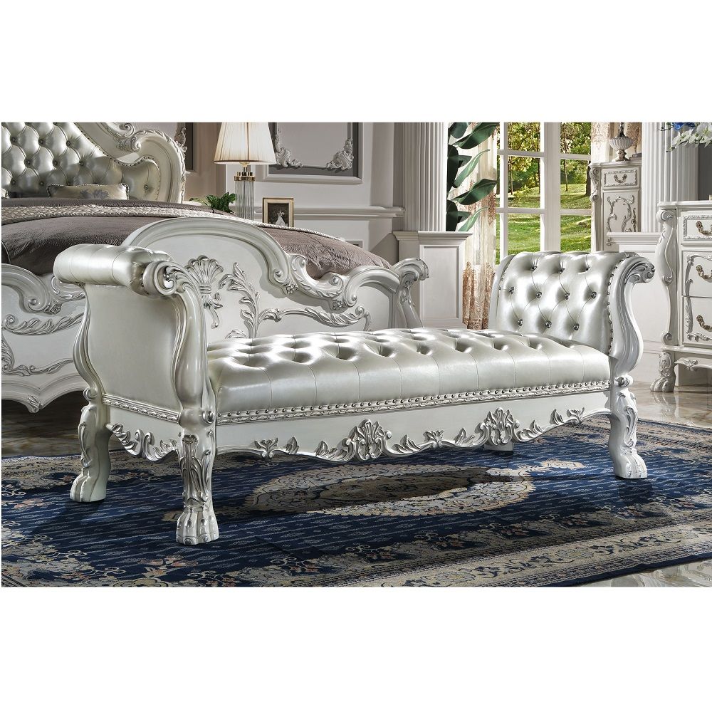 Elegant yet lightheartedly playful, Dresden is donned in an amiable antique white finish with hand-applied burnish over the many layers of stains and finishes that are manually rubbed on, providing depth and character to this classic group. The Rococo sty