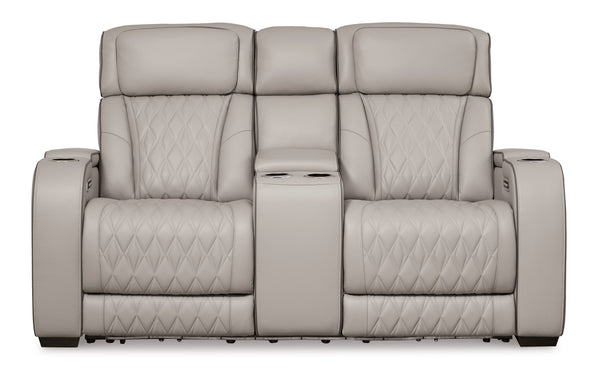 Boyington - Gray - Power Reclining Loveseat with Console/Adj Hdrst
