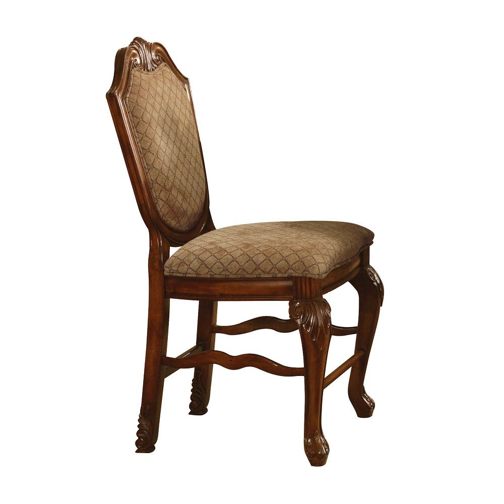 The Chateau De Ville counter height chairs are great for kitchen counters or living room bar tables. This pair of chairs come supported by a fine hardwood frame with two queen anne front legs and two straight back legs. The backrest arches to a peak with 