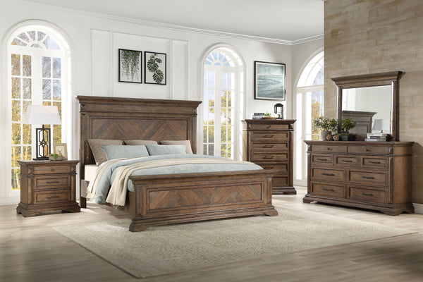 Discover the Mar Vista 5 Piece Bedroom Set, a testament to craftsmanship and timeless design. This collection is anchored by a robust panel bed and complemented by a nine-drawer dresser, a reflective mirror, a six-drawer chest, and a two-drawer nightstand