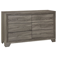 Introduce gracious style in an approachable, tailored bedroom suite with this transitional six-drawer dresser. Designed to augment clothing and accessory storage, it-'s built with six roomy drawers, all complete with center metal glides for smooth perform