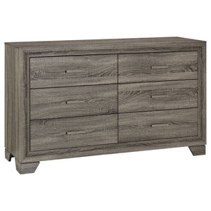 Introduce gracious style in an approachable, tailored bedroom suite with this transitional six-drawer dresser. Designed to augment clothing and accessory storage, it-'s built with six roomy drawers, all complete with center metal glides for smooth perform