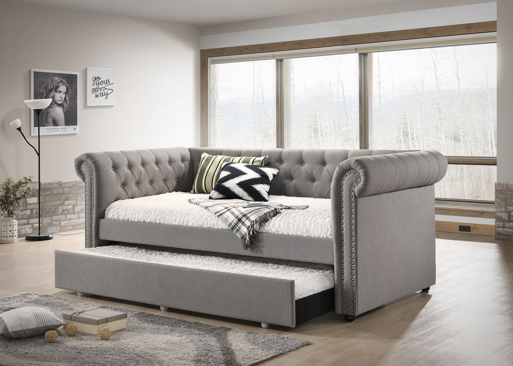 Ellie-Daybed-Gray<h4><b>Ellie - Twin Daybed Arm, Slat, Side Rail - Dove</b></h4> <table width="100%"><colgroup><col style="width: 30%"> <col style="width: 70%"> </colgroup> <tbody> <tr> <td>Dimensions</td> <td> 96.06"L x 43.50"D x 37.20"H</td> </tr> <tr> 