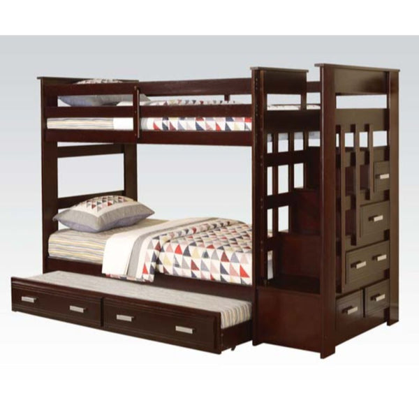 The Allentown Collection was designed to save space, this twin over twin bunk bed is a perfect solution for your children-'s bedroom. The piece features a rich espresso finish and offers durability as well as a clean style. The full-length guard rails pro