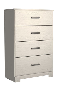 With its clean-lined look and modern attitude, this chest of drawers is a fresh style awakening. A crisp, white hue over subtle replicated wood grain easily complements other furniture finishes. Smooth drawer fronts with antiqued pewter-tone handles compl