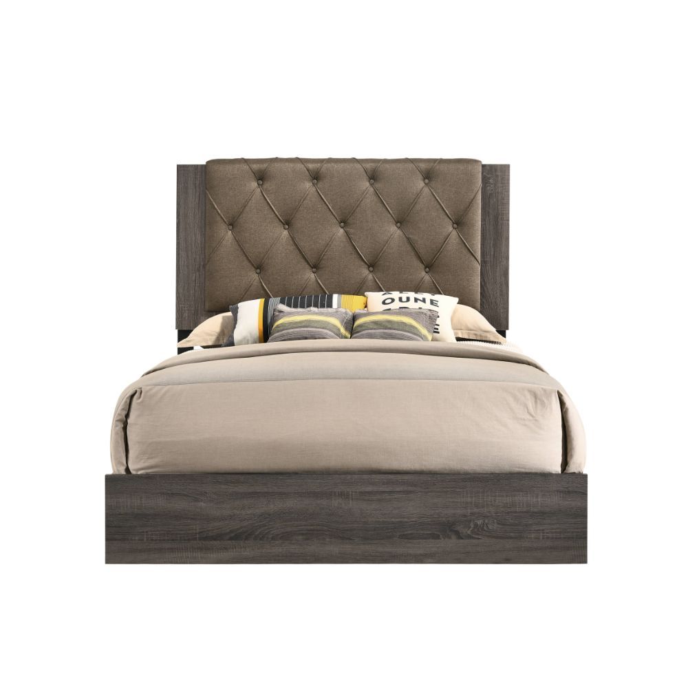 This transitional bed provides the perfect balance of comfort and style. Diamond button tufted upholstered headboard. Wooden rustic gray oak finish veneer frame, tapered wood legs, and base trim in black finish. The Avantika collection its complemented by