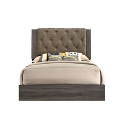 This transitional bed provides the perfect balance of comfort and style. Diamond button tufted upholstered headboard. Wooden rustic gray oak finish veneer frame, tapered wood legs, and base trim in black finish. The Avantika collection its complemented by