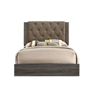This transitional bed provides the perfect balance of comfort and style. Diamond button tufted upholstered headboard. Wooden rustic gray oak finish veneer frame, tapered wood legs, and base trim in black finish. The Avantika collection its complemented by