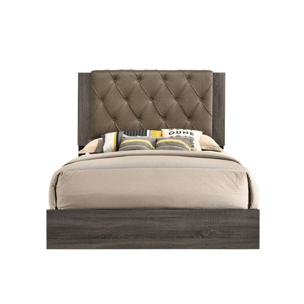 This transitional bed provides the perfect balance of comfort and style. Diamond button tufted upholstered headboard. Wooden rustic gray oak finish veneer frame, tapered wood legs, and base trim in black finish. The Avantika collection its complemented by