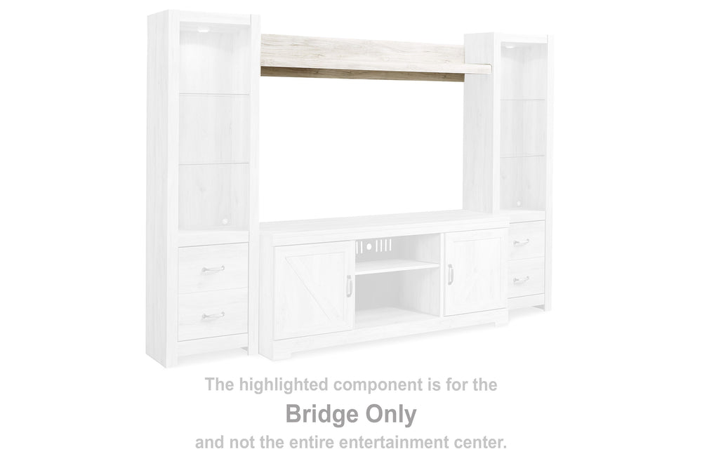 This bridge is made of engineered wood (MDF/particleboard/plywood) and decorative laminate. Pairs with other items in the series to make an entertainment center.<br><br><b>Additional Dimensions</b><br><ul><li>Assembled entertainment center: 0-"</li></ul><