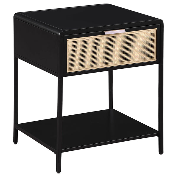 This sleek and versatile side table combines modern design with functional elegance, making it perfect for any living space or as a stylish bedside table. Crafted with a sturdy steel frame and engineered wood with a durable laminate top, it features a pow