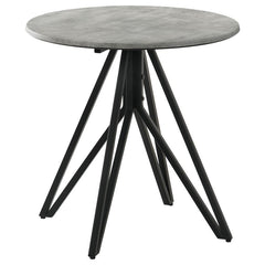 Industrial elements and sleek modern lines bring forth this modern end table. A metal butterfly-like base design of open and flared hairpin style legs in a gunmetal finish offer a striking visual interest to the furniture piece and the room in which is re