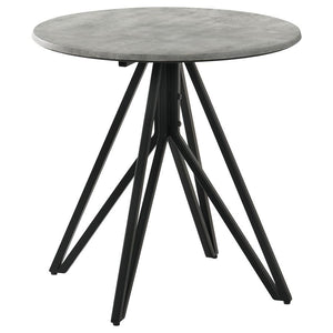 Industrial elements and sleek modern lines bring forth this modern end table. A metal butterfly-like base design of open and flared hairpin style legs in a gunmetal finish offer a striking visual interest to the furniture piece and the room in which is re