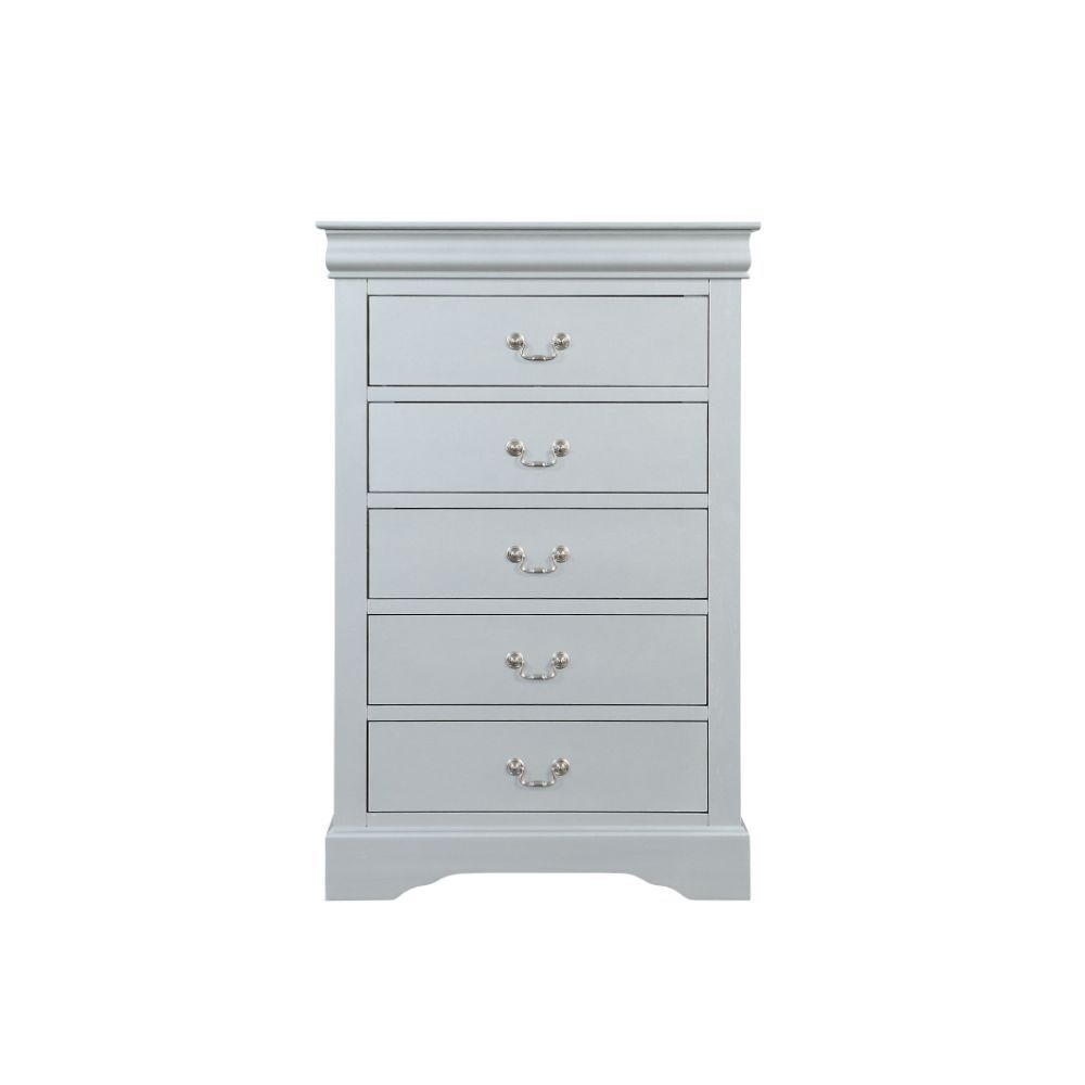 Bring casual elegance into your home with the Louis Phillipe chest. This chest is a piece that offers any bedroom a sophisticated look. Finished in classic finish with metal hardware, the simple moldings and luxurious pull handles add subtle style and app