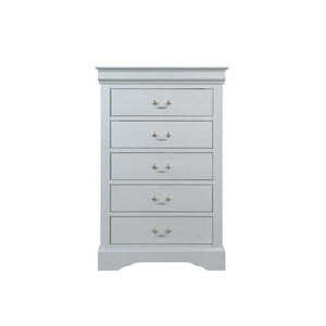 Bring casual elegance into your home with the Louis Phillipe chest. This chest is a piece that offers any bedroom a sophisticated look. Finished in classic finish with metal hardware, the simple moldings and luxurious pull handles add subtle style and app