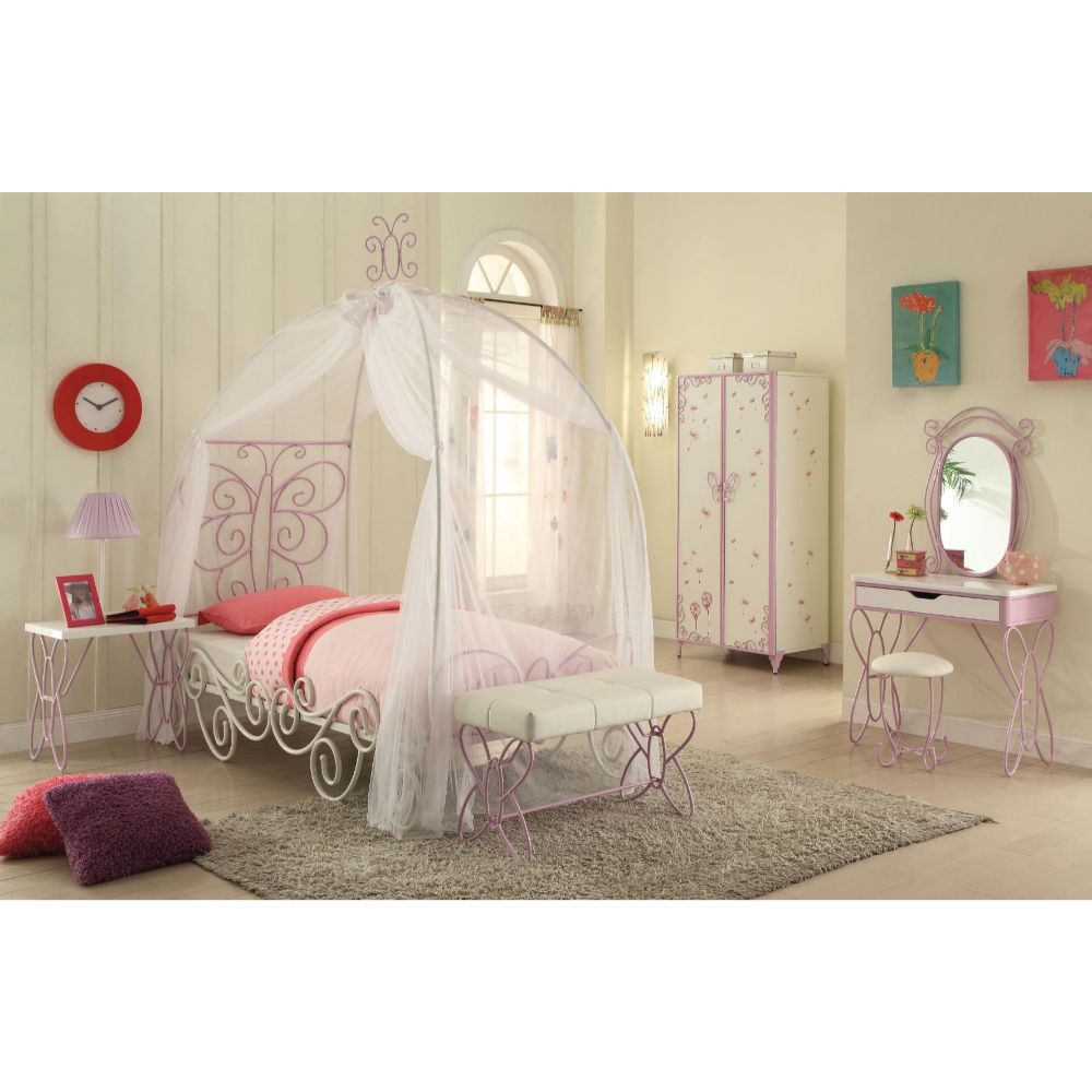 The Priya Canopy bed will create a wonderland in your princess-'s room. Features: metal butterfly design in a warm purple and white finish. A crown on top of the frame adds the charm and beauty into this enchanting bed.<br/><br/><b>Product Features</b><ul