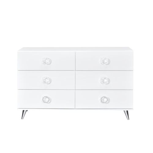 Sleek, modern, and functional are what best describe the Perse collection. The crisp white finish gives off the illusion of a bigger room. The low-profile panel bed features a storage headboard to display various goods. The case goods offer plenty of stor