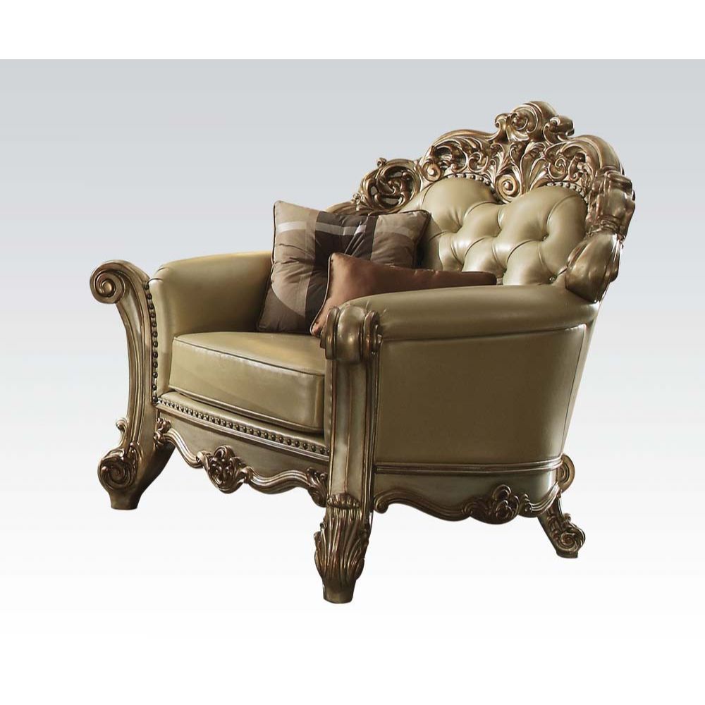 Tracing back to the classical Baroque era, expressed with intent and conviction, our new interpretation of Vendome is donned. Vendome chair faux leather upholstery is grand and classy with crystal like button tufting on the back in a crackled gold patina 