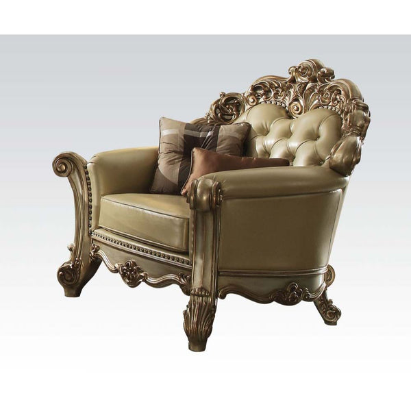 Tracing back to the classical Baroque era, expressed with intent and conviction, our new interpretation of Vendome is donned. Vendome chair faux leather upholstery is grand and classy with crystal like button tufting on the back in a crackled gold patina 
