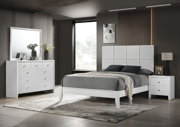 This bedroom collection is the embodiment of sleek, contemporary design, characterized by its crisp white finish and distinctive textured front panels. The centerpiece, a chic bed with a statement headboard, features geometric paneling that adds depth and