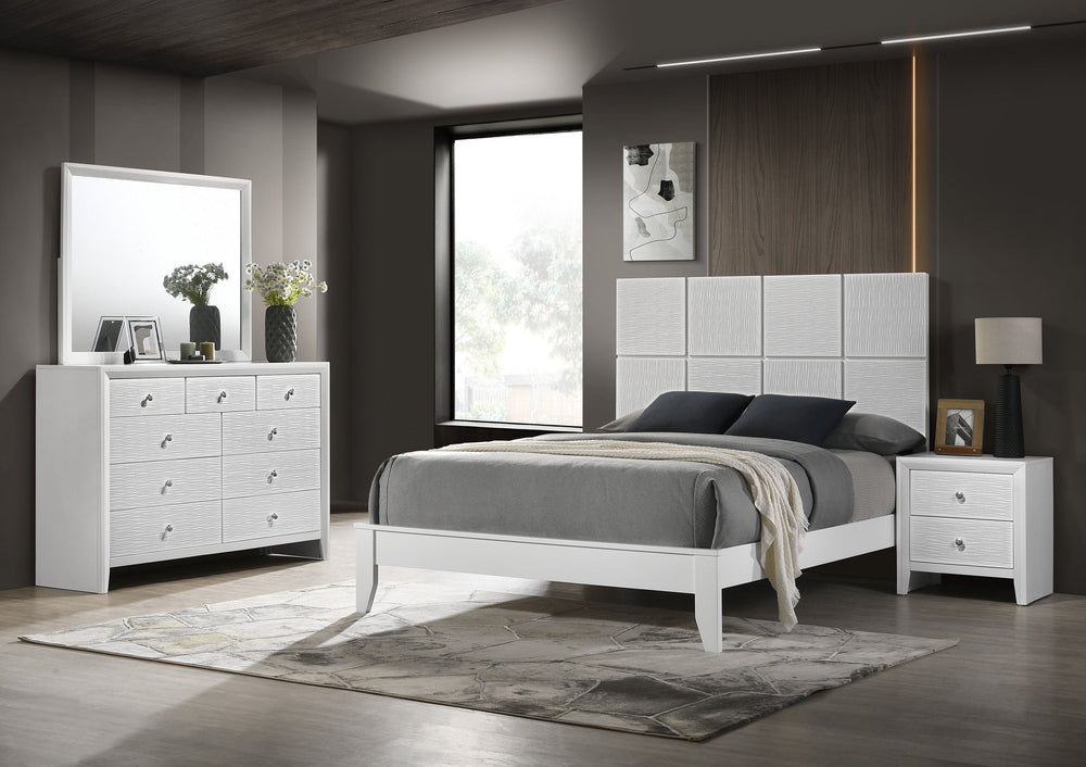 This bedroom collection is the embodiment of sleek, contemporary design, characterized by its crisp white finish and distinctive textured front panels. The centerpiece, a chic bed with a statement headboard, features geometric paneling that adds depth and
