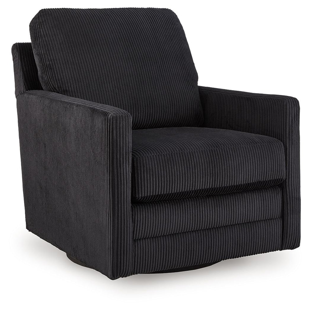 Clean-lined, contemporary style. Relaxed, homey comfort. This swivel chair has it all. Lightweight onyx-hued corduroy upholstery makes it a cozy yet head-turning piece. Factor in the 360-degree spin, and you-'ve got a win-win.<br><br><b>Additional Dimensi