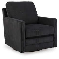 Clean-lined, contemporary style. Relaxed, homey comfort. This swivel chair has it all. Lightweight onyx-hued corduroy upholstery makes it a cozy yet head-turning piece. Factor in the 360-degree spin, and you-'ve got a win-win.<br><br><b>Additional Dimensi
