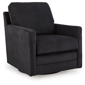 Clean-lined, contemporary style. Relaxed, homey comfort. This swivel chair has it all. Lightweight onyx-hued corduroy upholstery makes it a cozy yet head-turning piece. Factor in the 360-degree spin, and you-'ve got a win-win.<br><br><b>Additional Dimensi