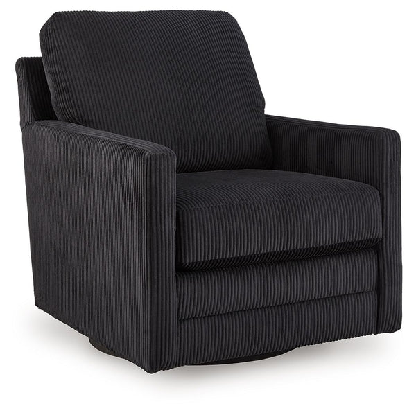 Clean-lined, contemporary style. Relaxed, homey comfort. This swivel chair has it all. Lightweight onyx-hued corduroy upholstery makes it a cozy yet head-turning piece. Factor in the 360-degree spin, and you-'ve got a win-win.<br><br><b>Additional Dimensi