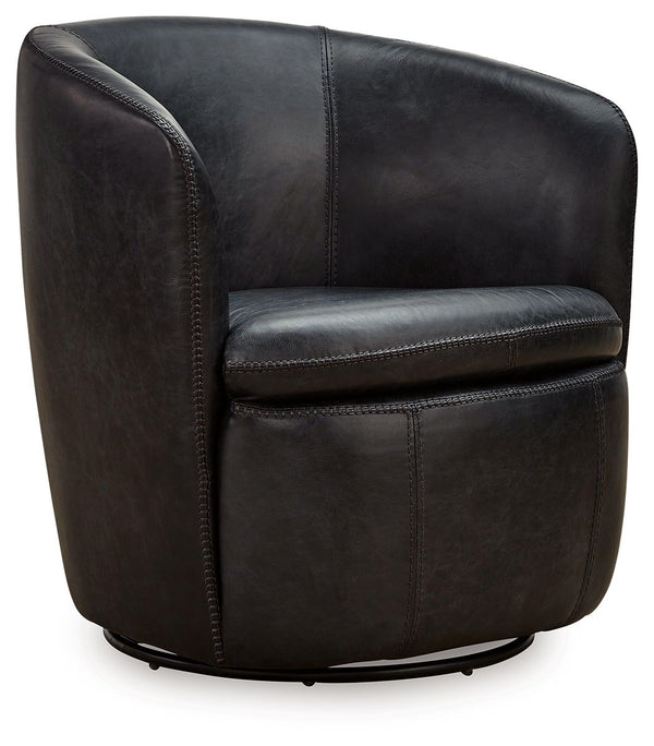 Experience the perfect blend of well-appointed comfort and stylish design with this swivel accent chair. Its supple leather and barrel back invite you to settle in and relax, while the sleek 360-degree swivel base keeps you engaged with conversations. Des