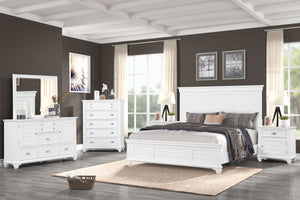 The Jamestown 6-Piece Wood Bedroom Set in White offers a perfect blend of durability, style, and functionality for your bedroom. This comprehensive set includes a Panel Bed, Dresser, Mirror, Chest, and two Nightstands, each meticulously crafted from solid