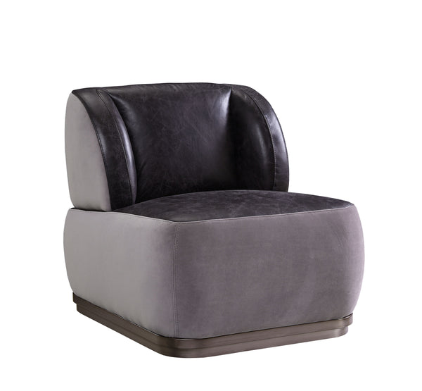 The Decapree accent chair and ottoman set may steal the spotlight in your living room. Upholstered in antique slate top grain leather and gray velvet, the stunning contrast between color and texture beckons you to explore all the features that makes this 