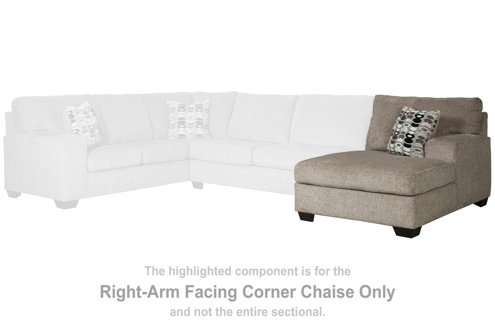 This right-arm facing corner chaise is made with polyester upholstery. Pairs with other items in the series to make a sectional.<br><br><b>Additional Dimensions</b><br><ul><li>Arm height: 25-"</li><li>Leg height: 3.5-"</li><li>Minimum width of doorway for