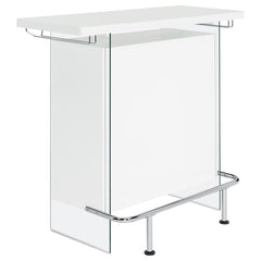 Elevate a multipurpose living room with this modern bar unit. A neutral finish, accented with polished chrome metal accents offers a striking design contrast. Supported and flanked by clear tempered glass side panels, this bar unit boasts ultra-modern ele