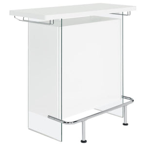 Elevate a multipurpose living room with this modern bar unit. A neutral finish, accented with polished chrome metal accents offers a striking design contrast. Supported and flanked by clear tempered glass side panels, this bar unit boasts ultra-modern ele