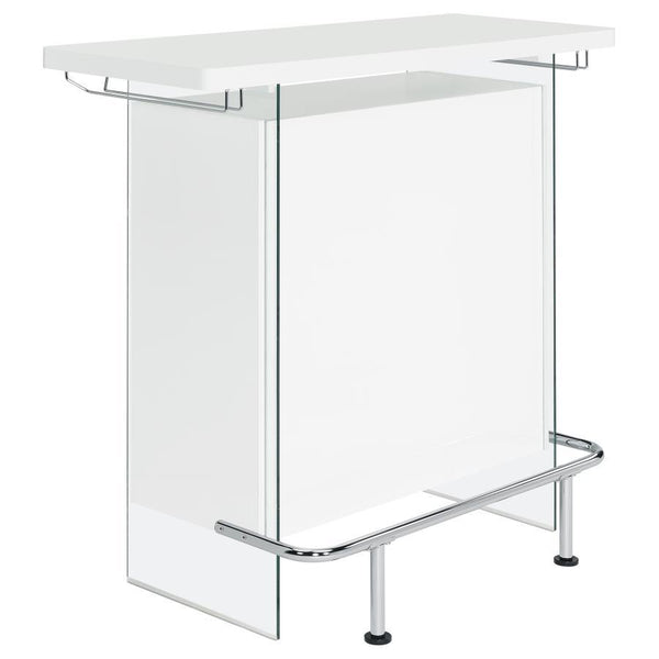 Elevate a multipurpose living room with this modern bar unit. A neutral finish, accented with polished chrome metal accents offers a striking design contrast. Supported and flanked by clear tempered glass side panels, this bar unit boasts ultra-modern ele