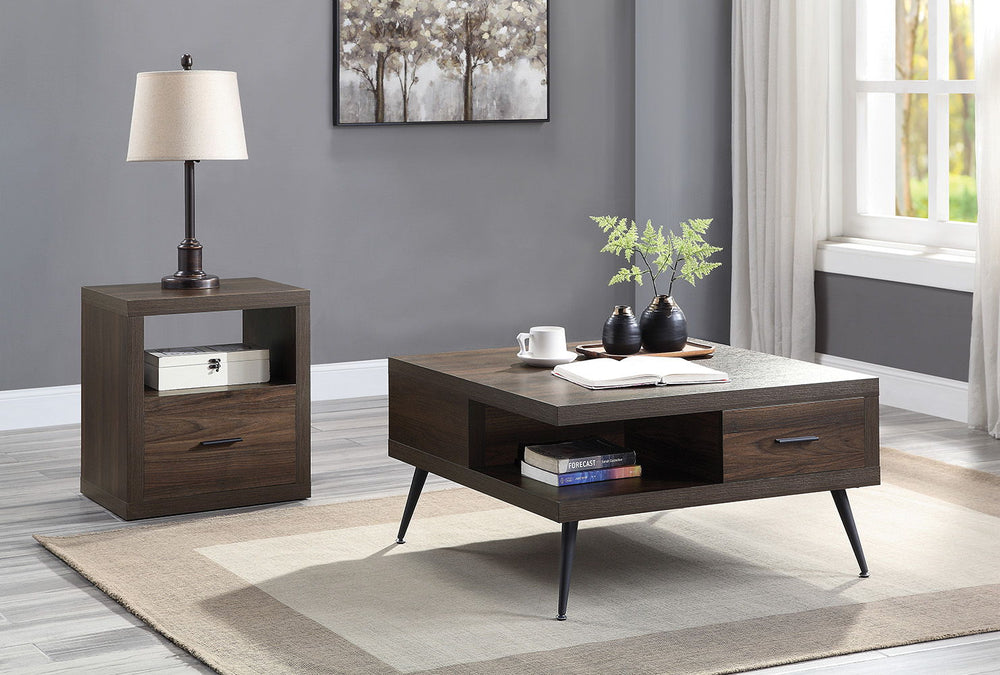 KD Square Coffee Table Leg: 40mm Dia Table Top Thickness: 40mm<br/><br/><b>Product Features</b><ul><li>KD Square Coffee Table</li><li>Wooden Top & Metal Legs</li><li>2 Storage Drawers & 2 Open Compartments</li><li>Metal Center Glide</li><li>3/4 Drawer Ext