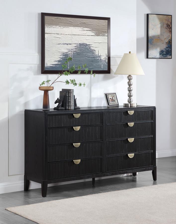 Create a single place to organize clothing and accessories with a stylish, modern eight-drawer dresser. Its timeless stance is augmented with a black finish complete with wire brushing that creates subtle texture and dimensionality. Drawer fronts offer fl
