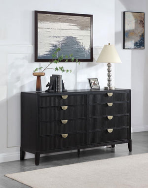  modern eight-drawer dresser. Its timeless stance is augmented with a black finish complete with wire brushing that creates subtle texture and dimensionality. Drawer fronts offer fl