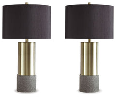 Faux concrete sets the stage for this ultra contemporary brass-tone table lamp. This substantial lamp is topped with a chic all-black shade with a goldtone foil interior for an elegant aesthetic.<br><br><b>Additional Dimensions</b><br><ul><li>Shade: 0-"</