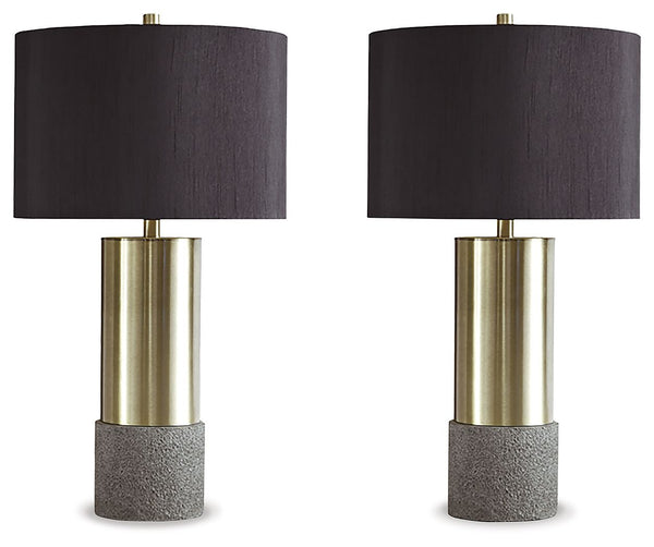 Faux concrete sets the stage for this ultra contemporary brass-tone table lamp. This substantial lamp is topped with a chic all-black shade with a goldtone foil interior for an elegant aesthetic.<br><br><b>Additional Dimensions</b><br><ul><li>Shade: 0-"</
