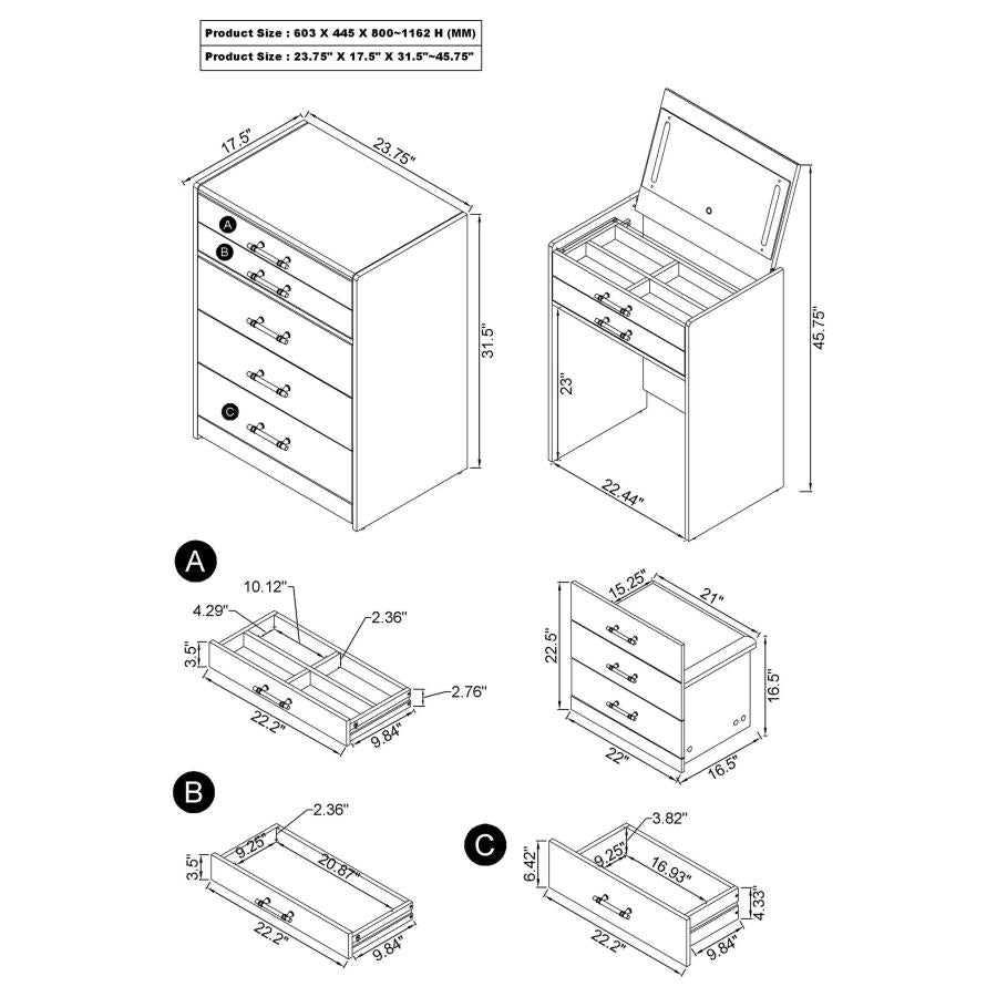 Danbury - 3-Drawer Makeup Vanity & Stool Set - Black High Gloss
