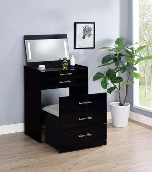 Danbury - 3-Drawer Makeup Vanity & Stool Set - Black High Gloss