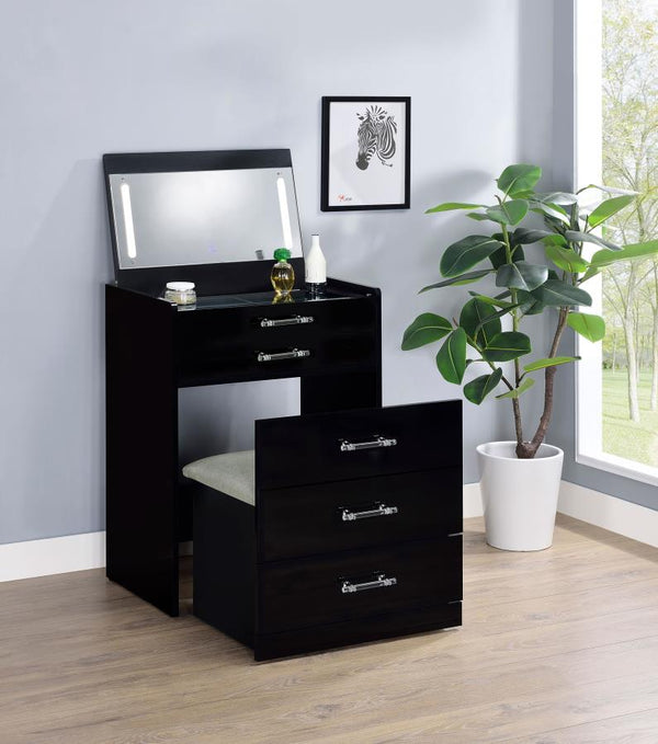 Danbury - 3-Drawer Makeup Vanity & Stool Set - Black High Gloss