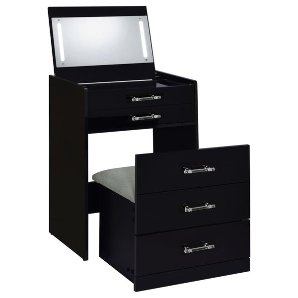 Danbury - 3-Drawer Makeup Vanity & Stool Set - Black High Gloss