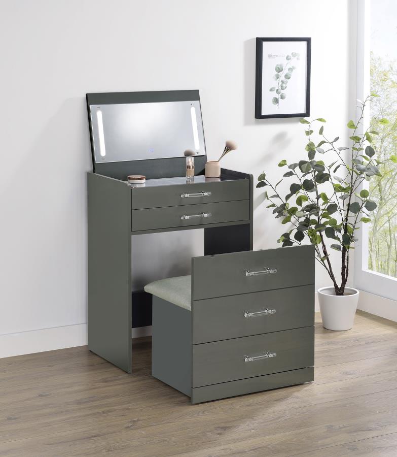 Danbury - 3-Drawer Makeup Vanity & Stool Set - Gray High Gloss