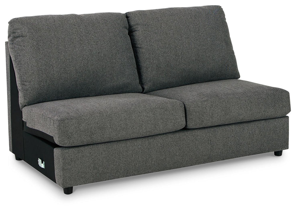 This armless loveseat is made with polyester upholstery. Pairs with other items in the series to make a sectional.<br><br><b>Additional Dimensions</b><br><ul><li>Seat height: 19-"</li><li>Top of cushion to top of back: 20-"</li><li>Leg height: 2.25-"</li>