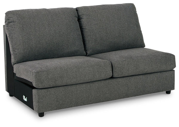 This armless loveseat is made with polyester upholstery. Pairs with other items in the series to make a sectional.<br><br><b>Additional Dimensions</b><br><ul><li>Seat height: 19-"</li><li>Top of cushion to top of back: 20-"</li><li>Leg height: 2.25-"</li>