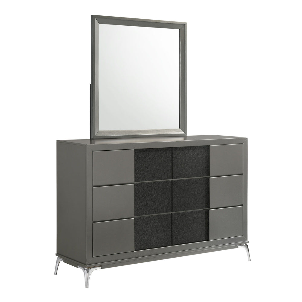 The Nocturne Mirror is constructed with the robustness of Rubberwood solid wood and the resilience of Okoume veneers. The sleek slate gray finish, with its subtle sheen, offers a contemporary palette that complements any room. Framed by picture frame wood