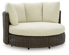 Add luxury, comfort and durability to alfresco fun. This outdoor swivel lounge chair captures the textural beauty of wicker while withstanding the elements, from rain to shine. With a UV-resistant design, the wonderfully low-maintenance Nuvella+â„¢ fabric